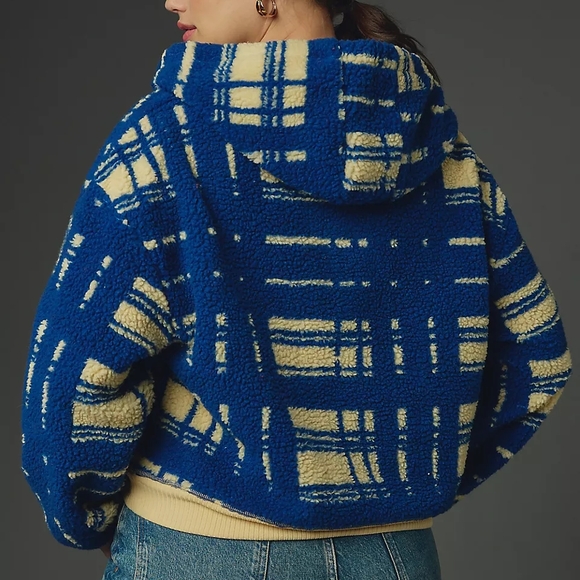 NWT Anthropologie Porridge Quinn Sherpa Fleece Blue Cream Sporty Hoodie - Picture 2 of 15